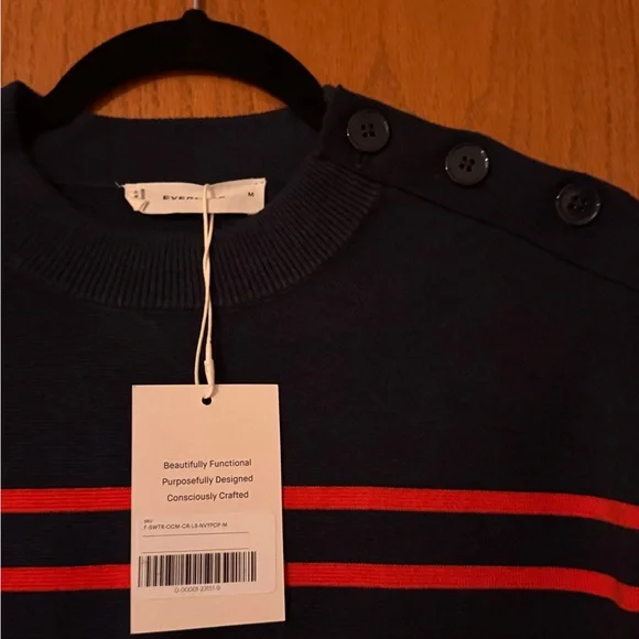 Everlane Women’s Navy and Red Striped Button-Shoulder Sweater - Picture 3 of 3